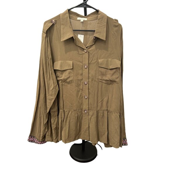 Loralette NWT Womens Button Down Peplum Shirt 2X Brown Embroidered Trim - Picture 1 of 9